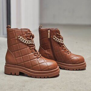 Quilted Faux Leather Lace-Up Combat Boots With Gold Chain Accent - Brown